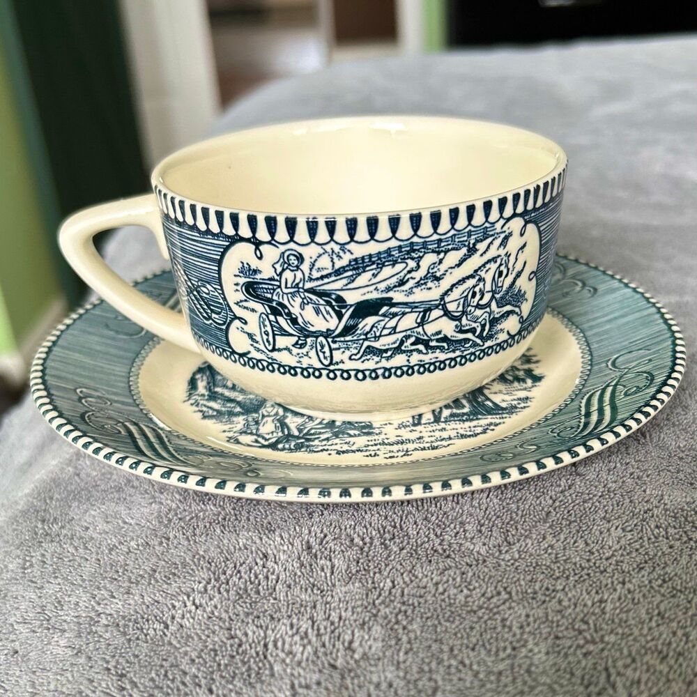 Colonial Stagecoach + Wheat Gathering Blue Pattern Cup + Saucer - Picture 9 of 11